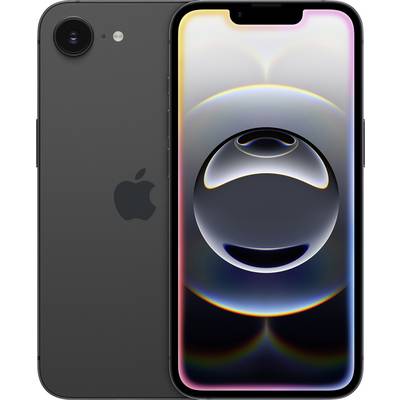 Een zwarte smartphone met een groot display, waarop een abstracte bol wordt weergegeven. Links ernaast is de achterkant met cameralens zichtbaar.