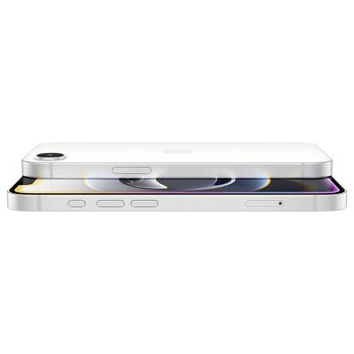 Een wit smartphone in profiel, toont knoppen aan de zijkant, een cameramodule aan de achterkant en het display van opzij.