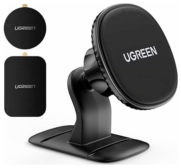 Magnetische telefoonhouder van UGREEN, zwart, met stabiele voet en twee bevestigingsplaten, ideaal voor gebruik in de auto.