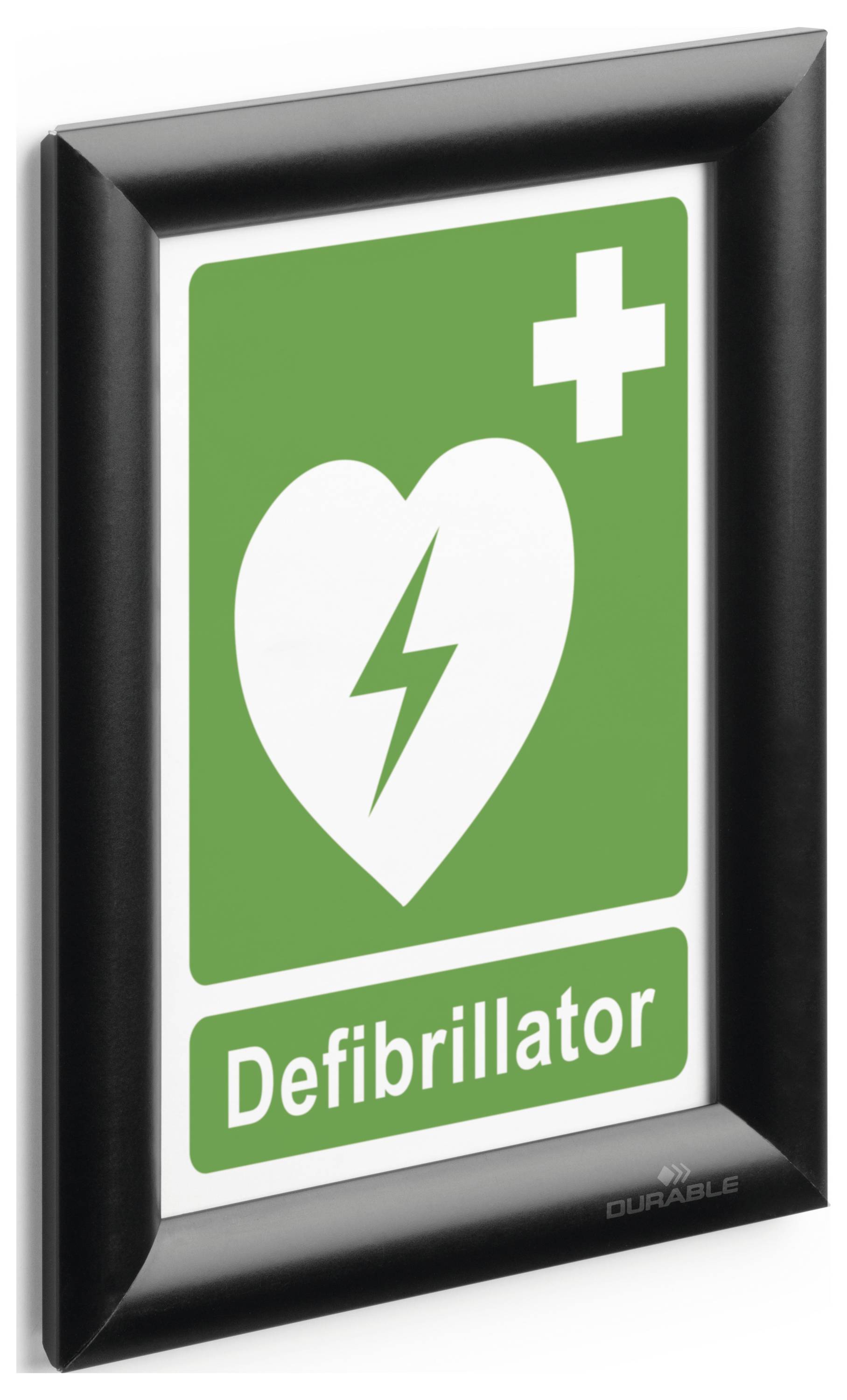 Een bordje met een hartsymbool en een bliksemschicht dat verwijst naar een AED. Een groen kruis is eveneens afgebeeld.