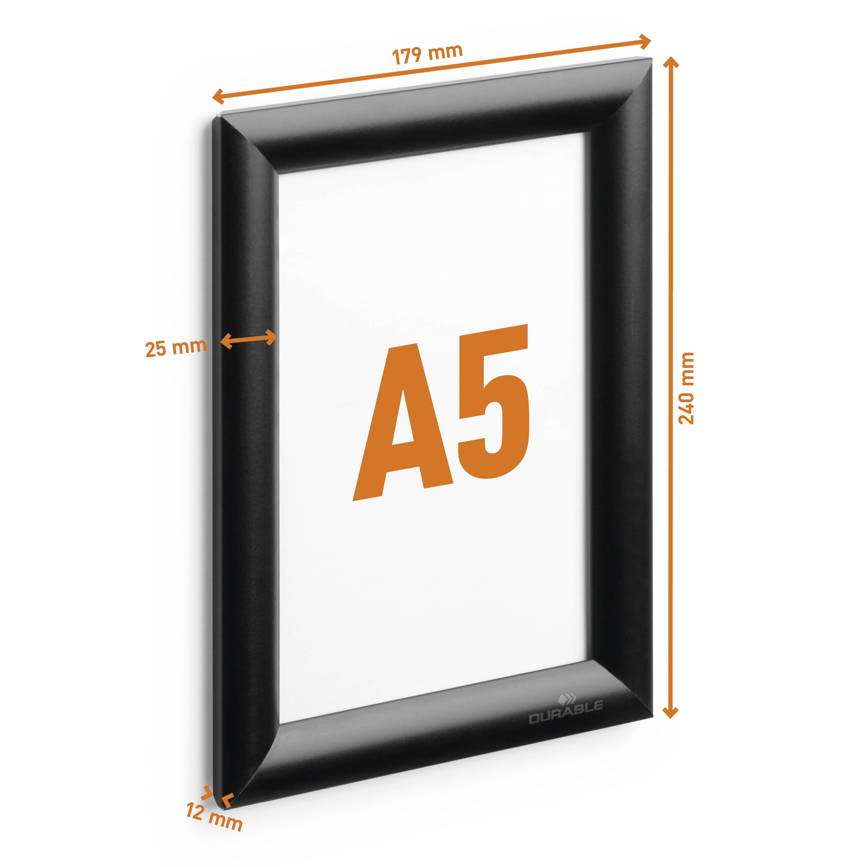 Zwarte lijst voor A5-documenten, afmetingen: 179 mm x 240 mm buitenwerks, 25 mmlijstbreedte, 12 mm diepte.