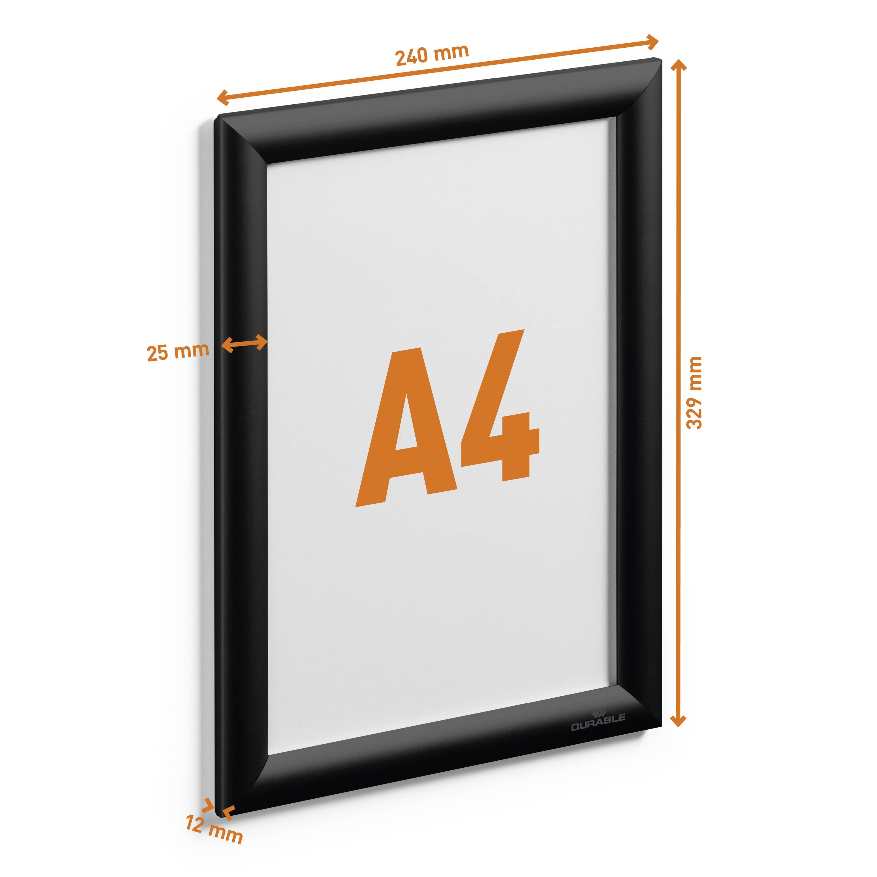 Lijsten voor A4-documenten, formaat 240 mm x 327 mm. Zwarte rand, 12 mm dik, transparant beschermglas.