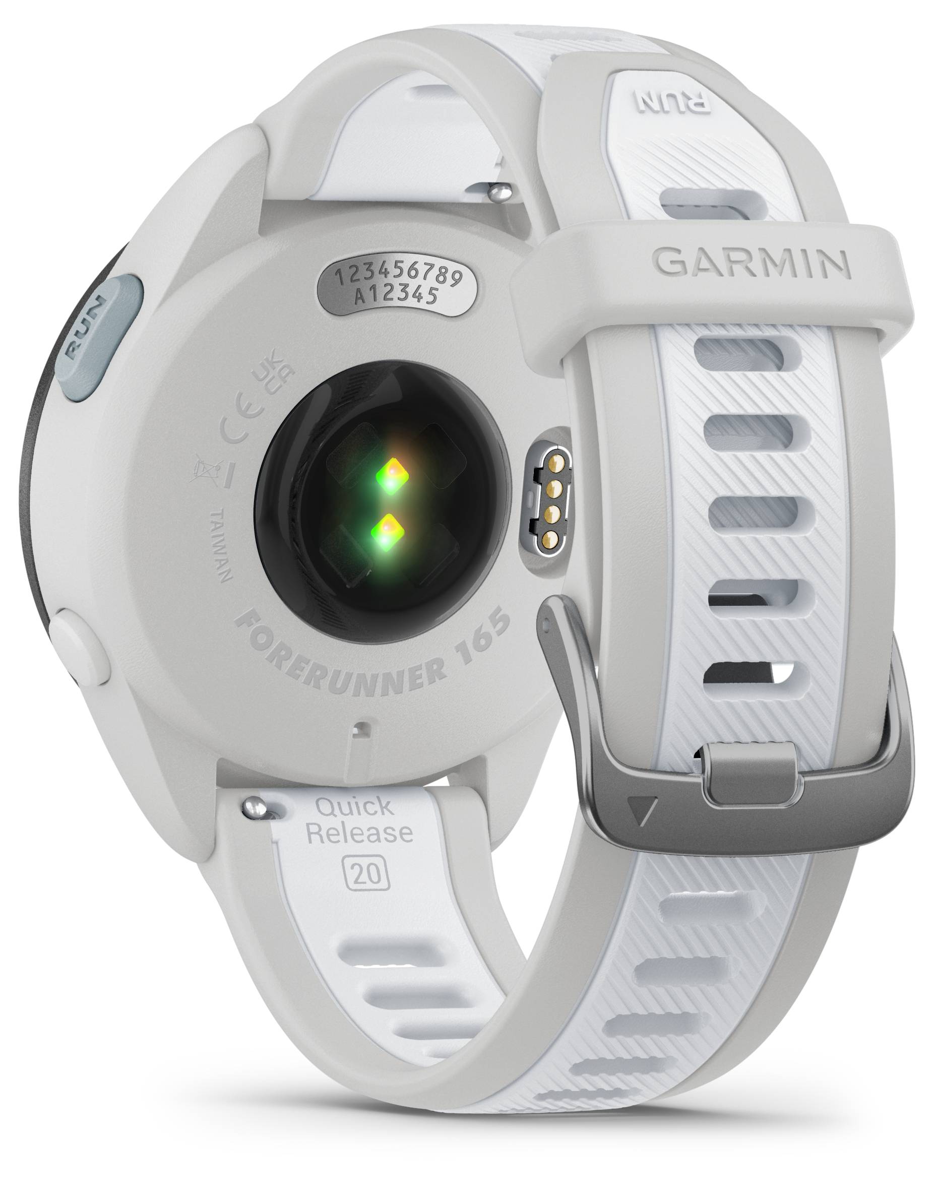 Achterkant van een witte Garmin Forerunner 165 sporthorloge met hartslagmeter, serienummer en Quick-Release polsband.