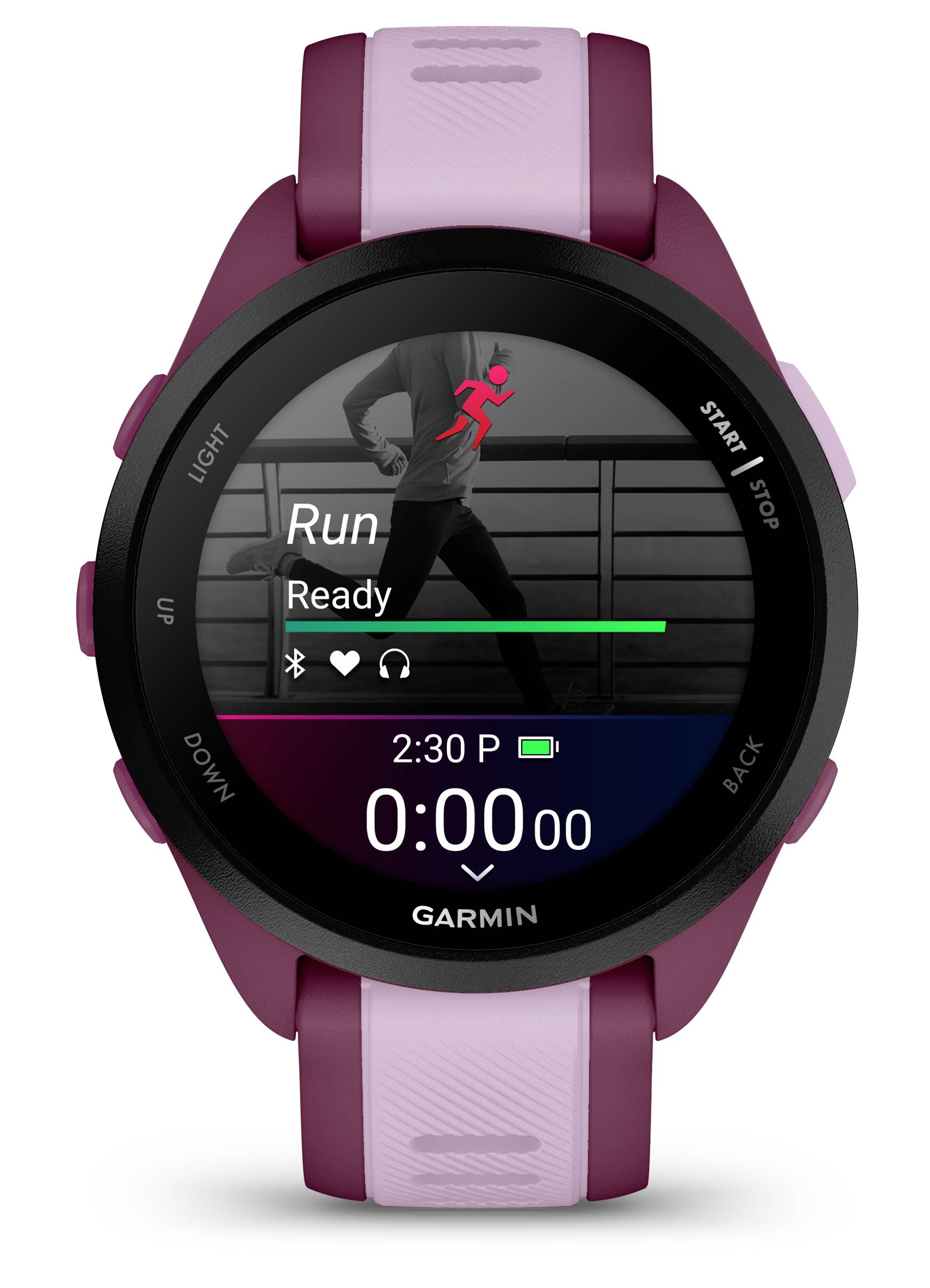 Smartwatch met paarse polsband toont 'Run Ready', een loop-icoon, hartslag en starttijd 2:30 uur 's middags op het display.