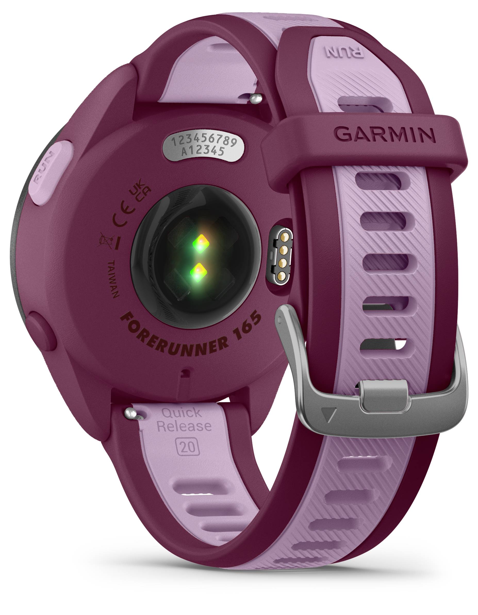 Een paarse sporthorloge met het opschrift 'Garmin' en 'Forerunner 265'. Sensoren zijn zichtbaar aan de achterkant en er is een instelknop aanwezig.