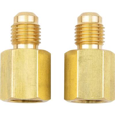 Twee messingkleurige schroefdraadadapters met een zeshoekige behuizing naast elkaar.
