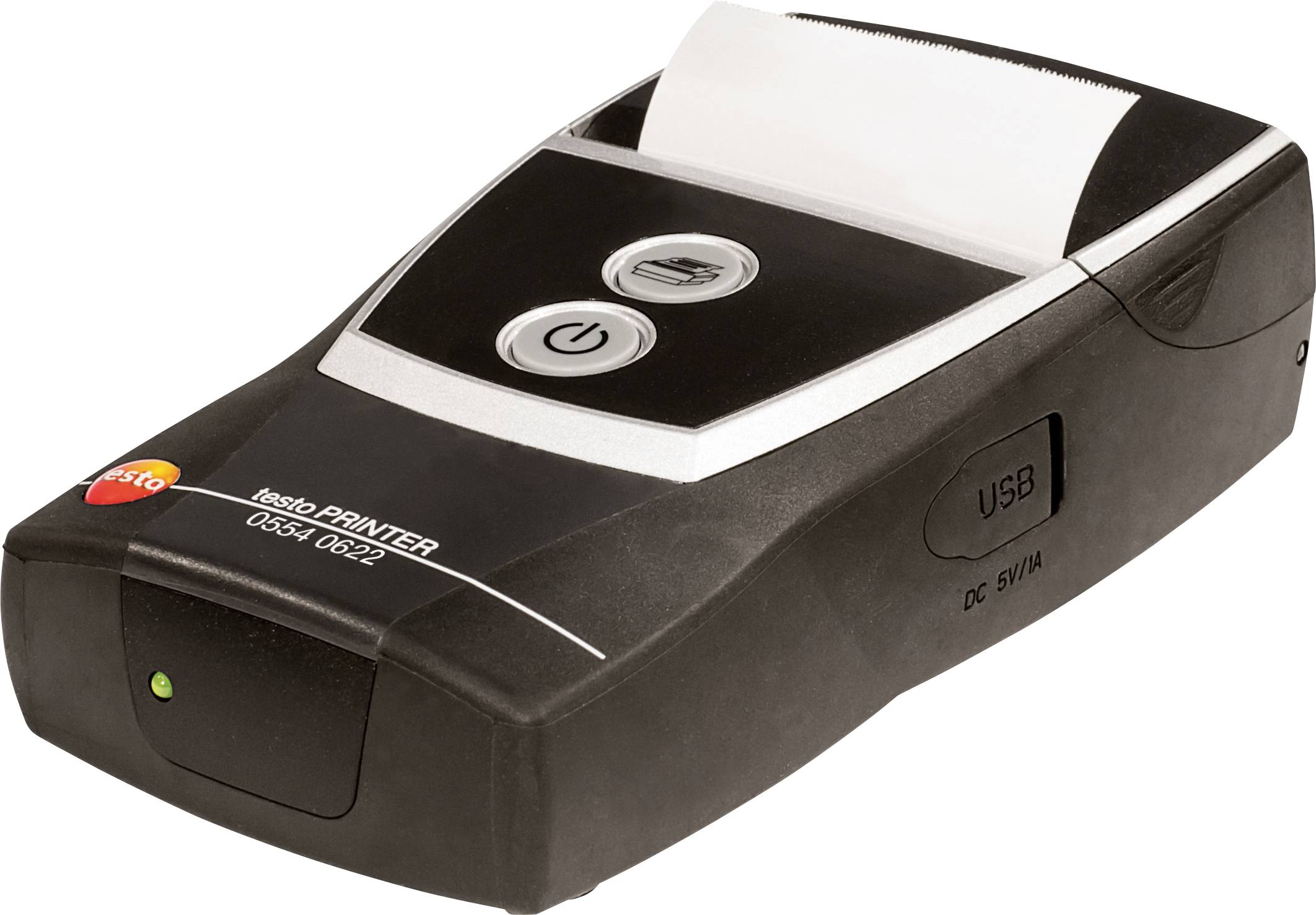 Draagbare thermoprinter met twee knoppen aan de bovenkant, een papieruitgang en een USB-aansluiting, geschikt voor mobiele printapplicaties.
