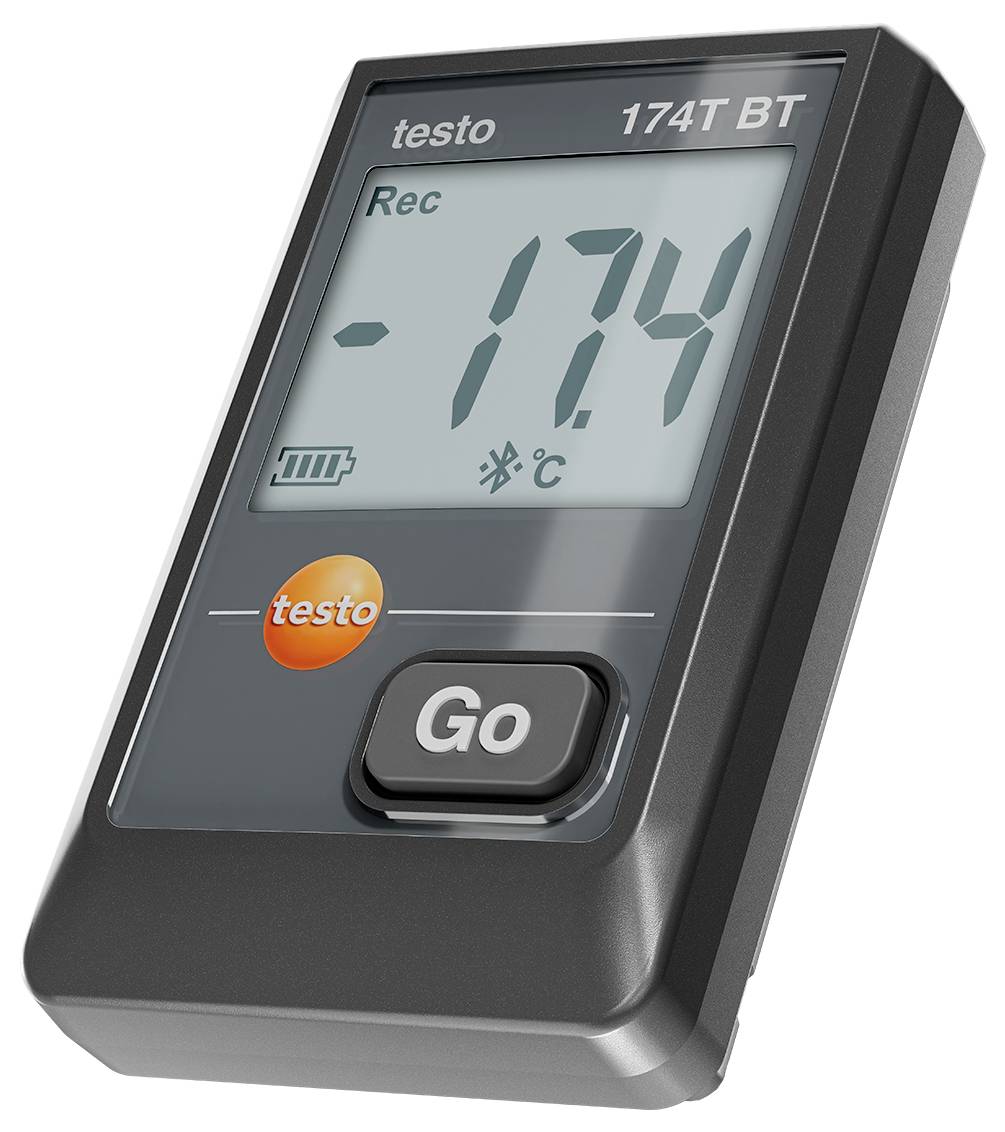 Digitale thermometer met weergave '-17,4 °C', een 'Go'-toets en een Bluetooth-symbool, model 'testo 174T BT'.
