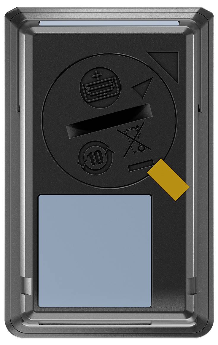 Achterkant van een elektronisch apparaat met batterijdeksel en symbolen voor afvalverwijdering.