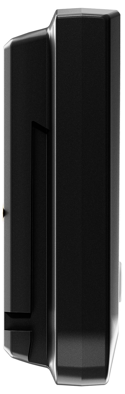 Zwart elektronisch apparaat met rechthoekige vormweergave van opzij, toont een compact en robuust ontwerp.