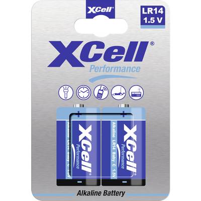 Twee XCell Alkaline LR14 1.5V batterijen in verpakking, geschikt voor zaklantaarns, speelgoed en afstandsbedieningen.