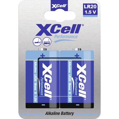 'XCell Performance' verpakking met twee blauwe alkaline-batterijen, type LR20, 1.5V. Bevat productbeschrijving en logo's.