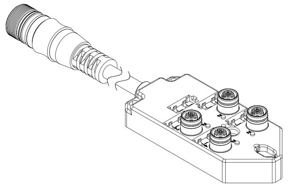 Zwart-witte technische tekening van een rechthoekige stekker met vier ronde aansluitingen en een kabel die links is aangesloten.