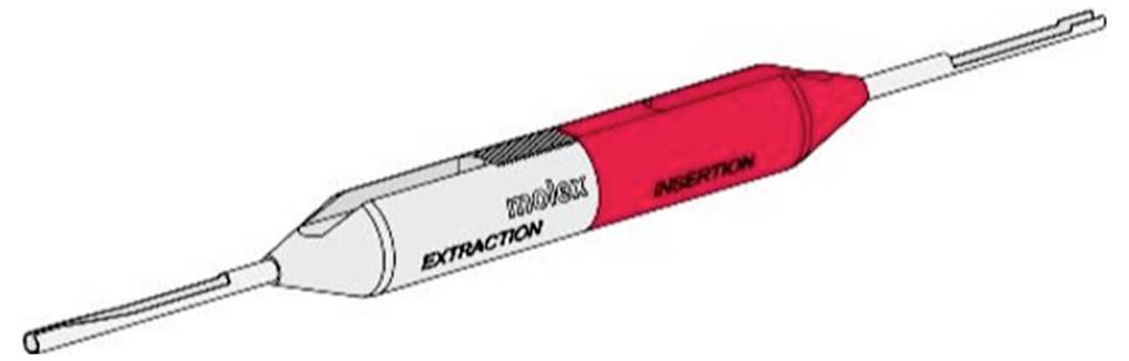 De afbeelding toont een tweekleurig medisch instrument met 'EXTRACTION' en 'INSERTION'. Links is het wit gemarkeerd, rechts rood.