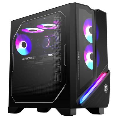Zwart pc-behuizing met zichtvenster, toont kleurrijke RGB-verlichting en componenten aan de binnenkant, waaronder een 'Geforce RTX'-videokaart.
