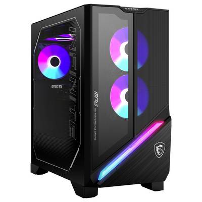 Zwarte gaming-pc met transparant zijraam, waarbij drie verlichte ventilatoren en een GeForce RTX-logo zichtbaar zijn.