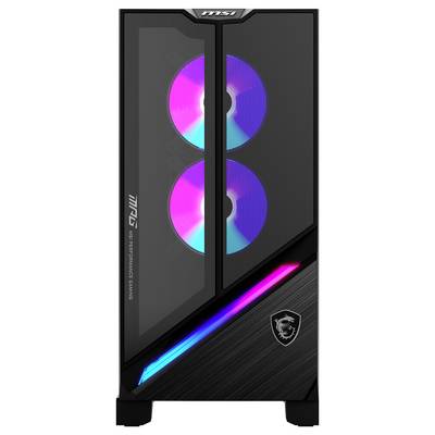 Pc-behuizing met twee zichtbare, verlichte ventilatoren en RGB-verlichting aan de voorkant, gemarkeerd met 'MSI' en 'MAG'.