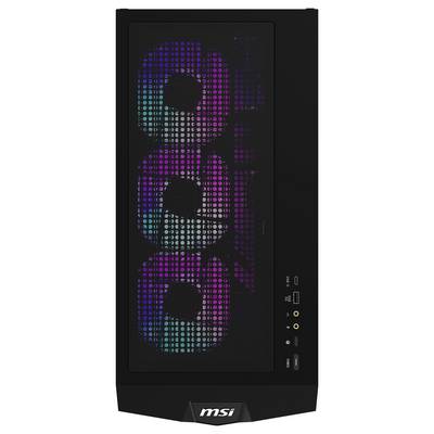 Computertoren met RGB-verlichte ventilatoren en MSI-logo. Bevat aansluitingen voor USB, audio en een hoofdschakelaar aan de voorkant.