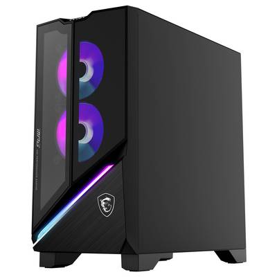 Zwart pc-behuizing met transparant raam; twee zichtbare, verlichte ventilatoren in regenboogkleuren; MSI-logo aan de voorkant.