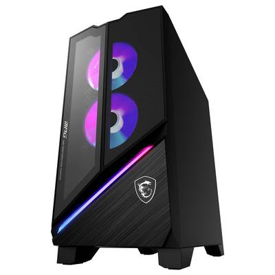 Zwart computerbehuizing met transparant zijpaneel, twee verlichte ventilatoren in blauw en paars, diagonale LED-strip.