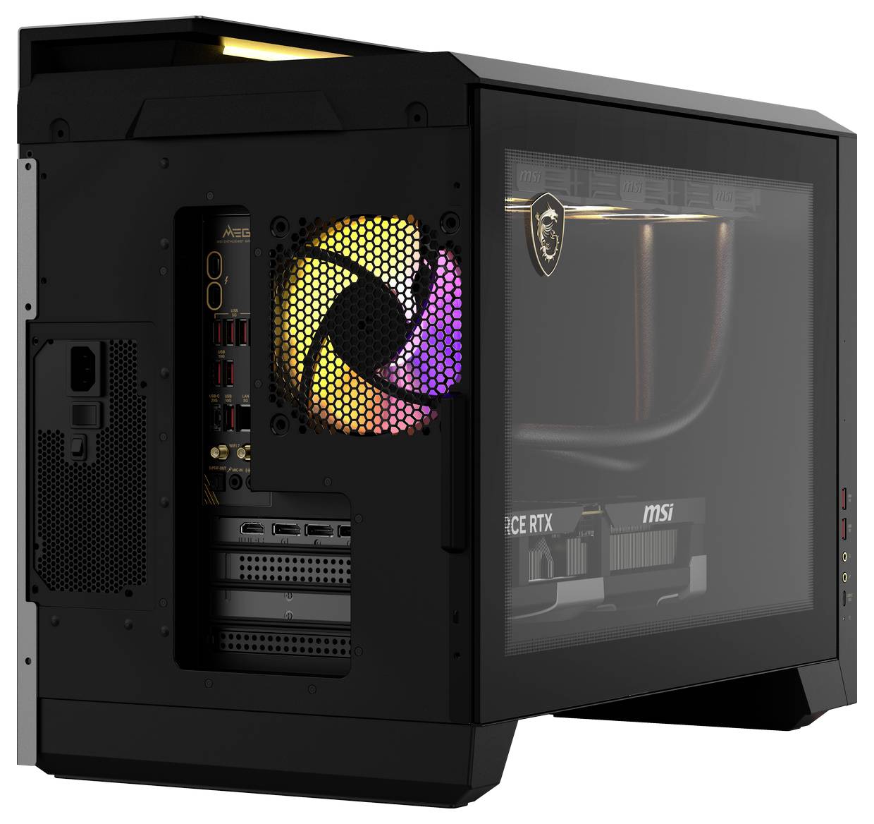 Een zwarte pc-behuizing met zijraam toont de binnenliggende componenten zoals de videokaart en een verlichte ventilator in regenboogkleuren.
