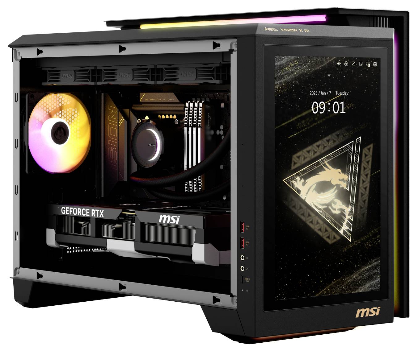 Een geopende gaming-pc met zichtbare hardware zoals een GeForce RTX-grafische kaart en RGB-verlichting. Een monitor toont de tijd als 09:01.