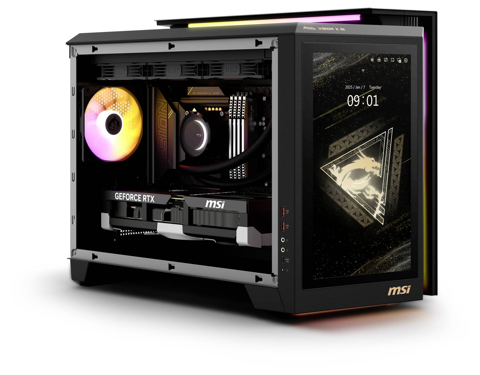 Een gaming-pc met verlichte componenten en een monitor die 'MSI' en de tijd 09:01 weergeeft. Bevat een 'GeForce RTX'-videokaart.