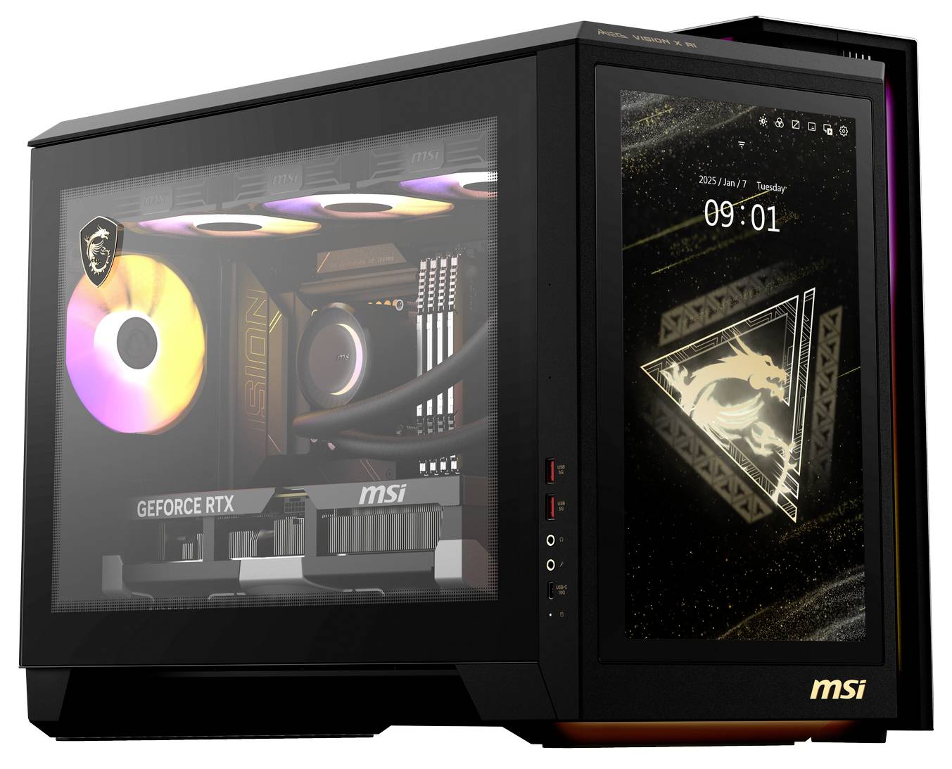 Een moderne desktop-pc met verlichte binnenkant en zichtbare videokaart, zijpaneel met display toont tijd en datum.