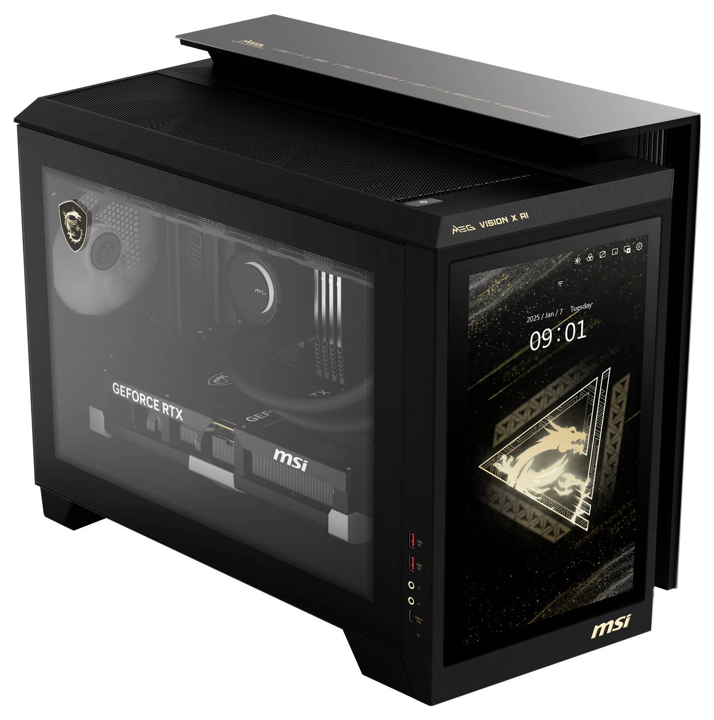 Zwarte MSI desktop-computer met transparante behuizing, zichtbare NVIDIA GeForce RTX-videokaart, digitaal display met tijdsweergave.