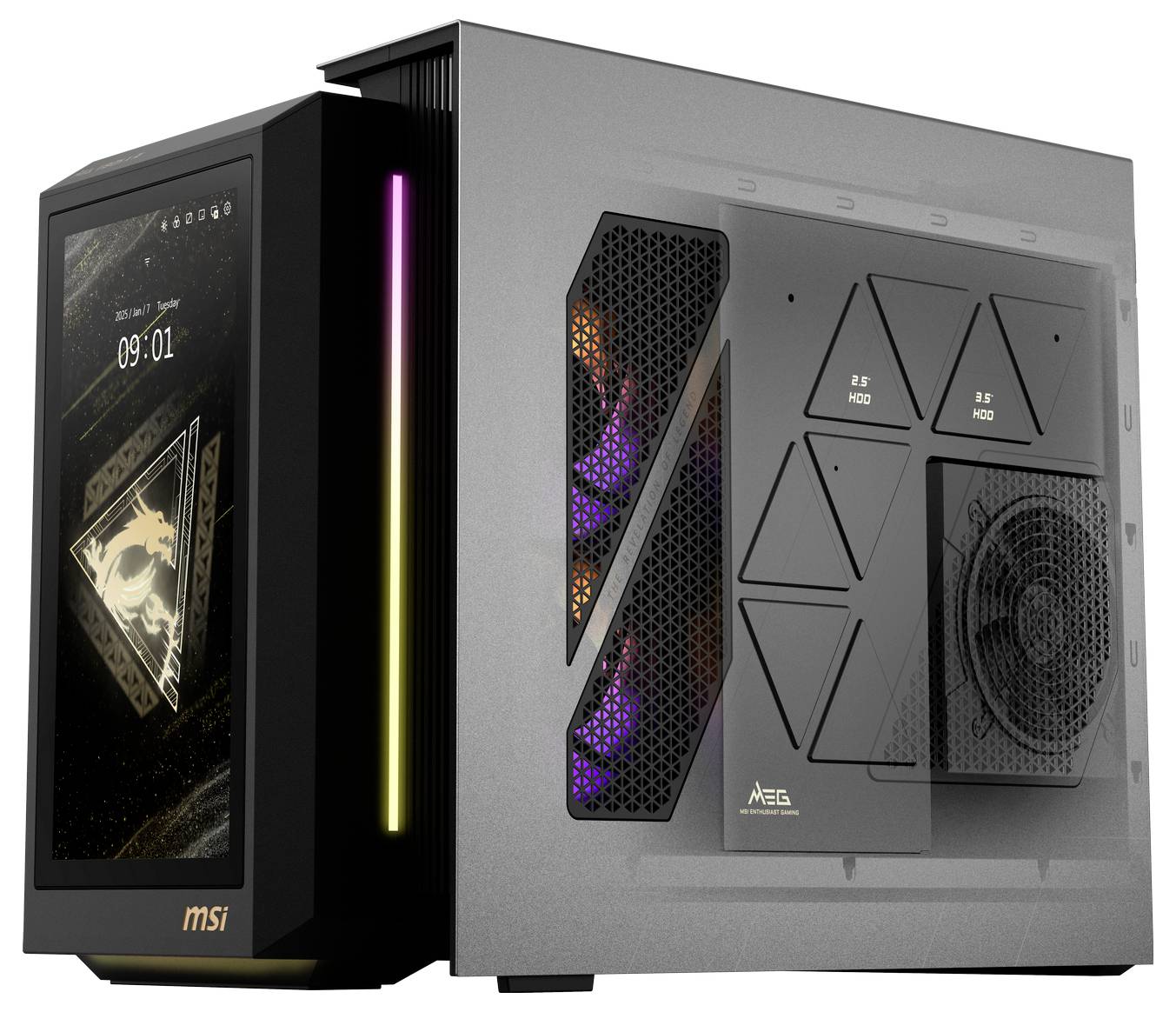 Gaming computerbehuizing met transparant zijpaneel, LED-verlichting en ventilatoren. Merknaam en tijd zichtbaar op het frontdisplay.