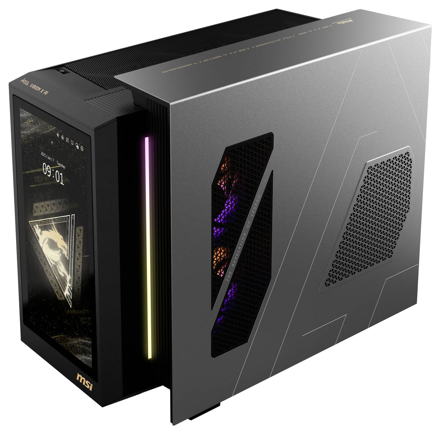 Gaming-pc met transparant zijpaneel, toont RGB-verlichting en binnencomponenten. Tijdsaanduiding '09:01' op digitaal scherm.