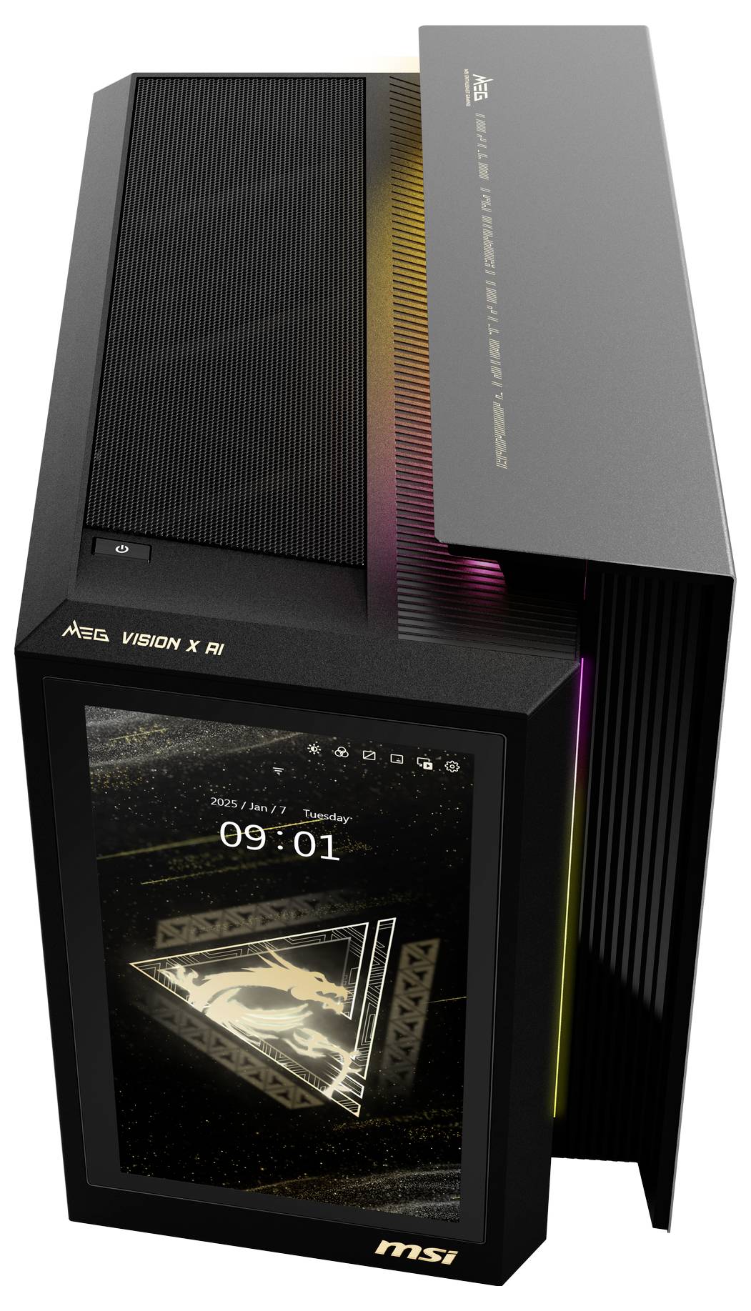 Een computerbehuizing met een open ontwerp toont een digitaal display met de tijd '09:01'. RGB-verlichting aan de zijkanten.