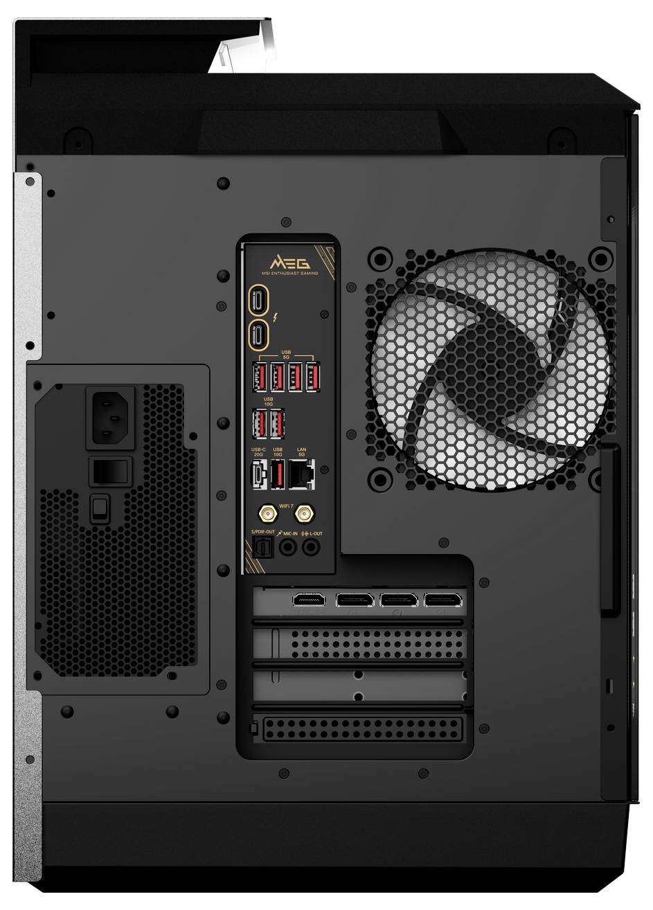 De achterkant van een computerbehuizing toont een koelventilator, meerdere USB-poorten, HDMI en Ethernet-aansluiting.