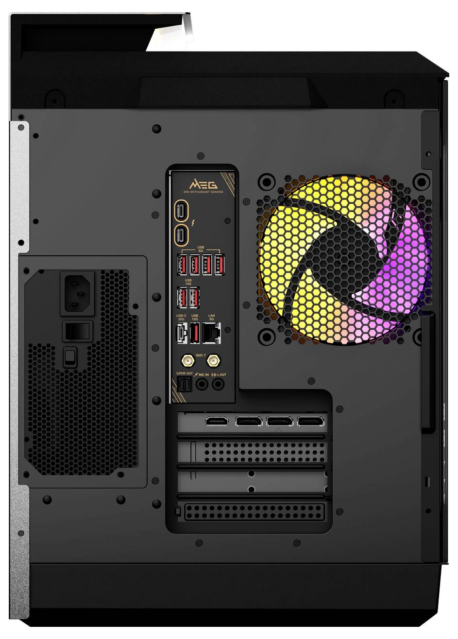 Achterkant van een pc met ventilator en gekleurde LED-verlichting. Verschillende aansluitingen zichtbaar, waaronder USB- en HDMI-poorten.