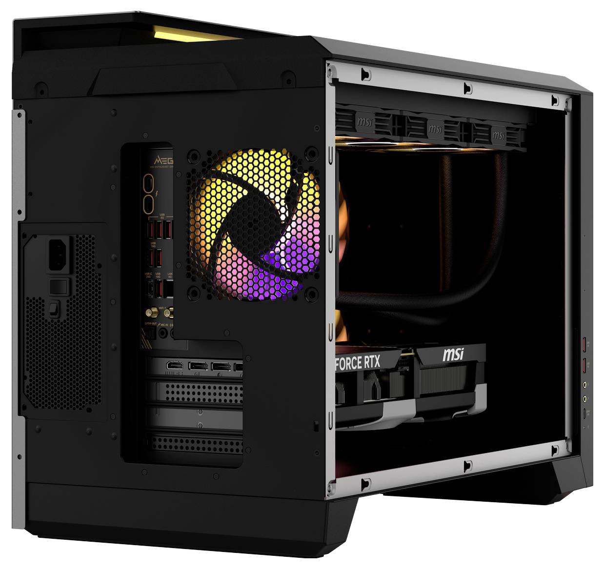 Een geopende computer-toren die een 'MSI GeForce RTX'-videokaart en een verlichte ventilator toont.