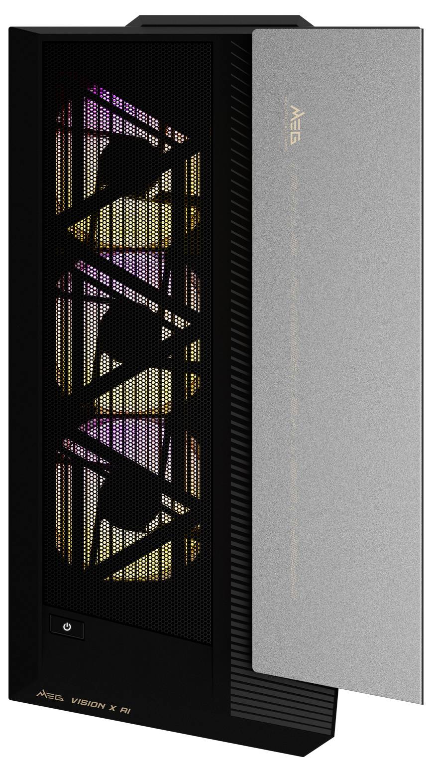 Een computerbehuizing met zichtbare ventilatoren achter een rooster. Rechterkant heeft een grijs, gestructureerd paneel.