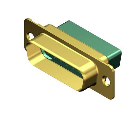 Gouden D-Sub-connector met twee bevestigingsgaten en een groen behuizing, voor gebruik in elektronische apparaten.