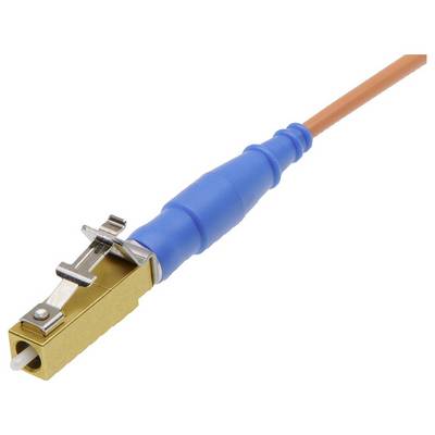 LWL-connector met blauwe stekker en oranje kabel, gebruikt voor optische datatransmissie in glasvezelnetwerken.