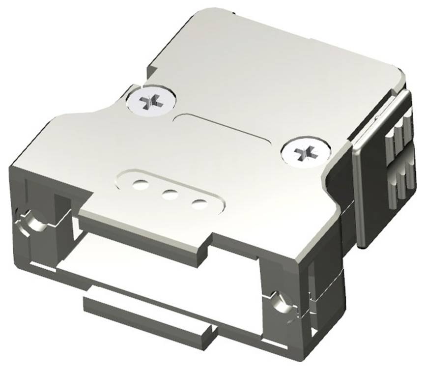 Metalen onderdeel met rechthoekige vorm, opening en schroeven bovenaan, mogelijk een elektrisch of mechanisch onderdeel.