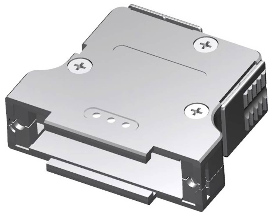 Metalen componenten met schroefgaten en zijdelingse aansluitingen, mogelijk een onderdeel van een elektronisch apparaat.
