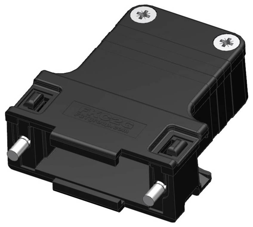 Zwart, rechthoekig onderdeel met schroeven op de hoeken, vermoedelijk elektronisch apparaat of module, kunststof behuizing, twee steekcontacten.