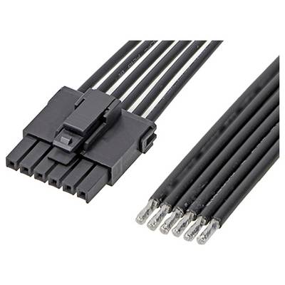 Zwarte, zespolige Molex-connector met ontmantelde uiteinden van de kabel, klaar voor installatie in een elektrisch systeem.
