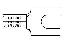 Schematische tekening van een kabelschoen met schroefverbindingen aan de linkerkant en een U-vormige opening aan de rechterkant.