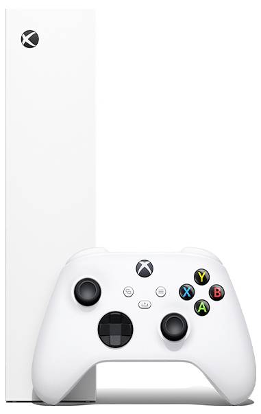 Witte, rechthoekige gameconsole met bijbehorende controller op de voorgrond. Console staat verticaal; controller toont typische knoppen-indeling.