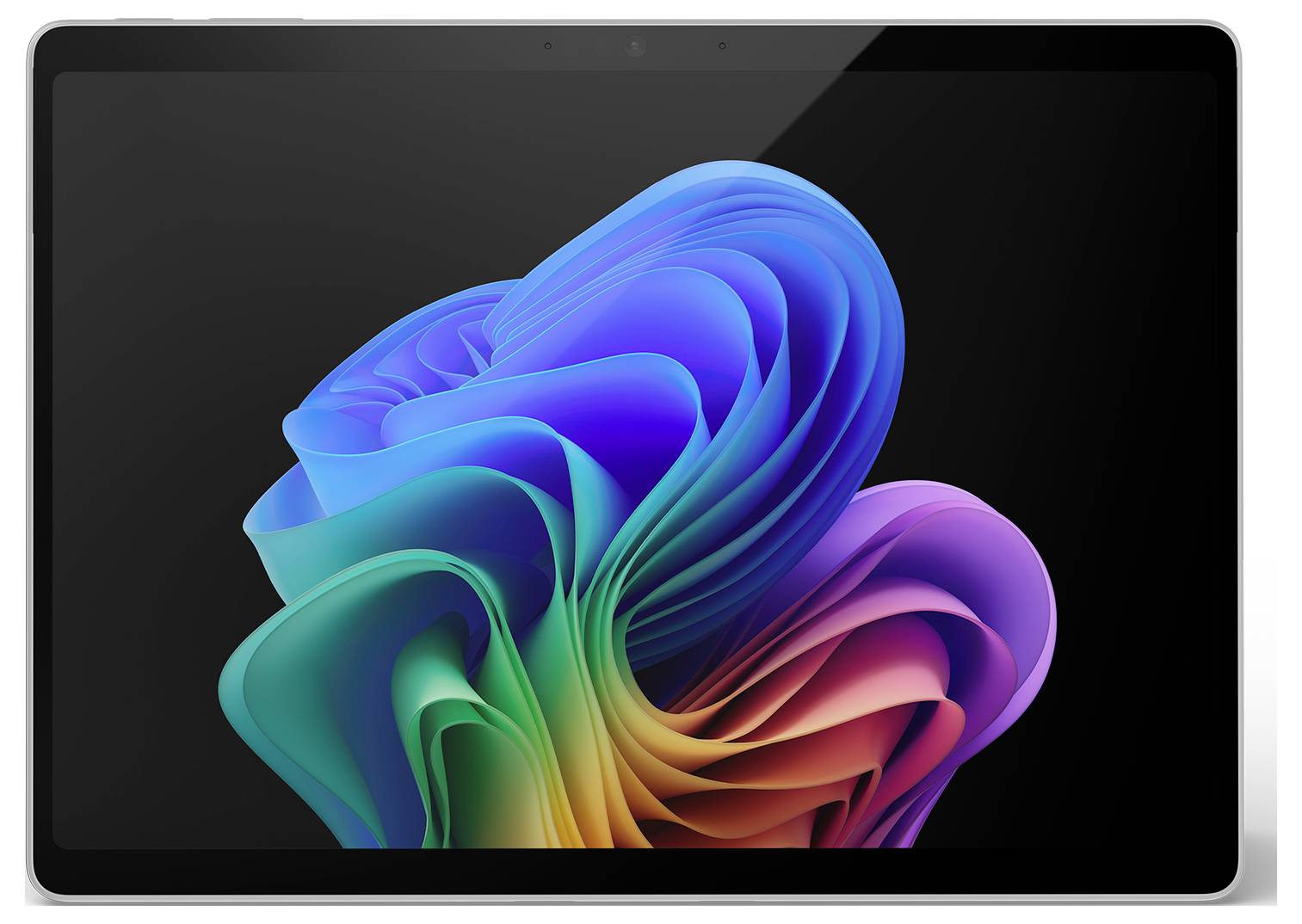 Een tablet met een kleurrijk, draaiend 3D-patroon op het scherm, dat blauw, groen, roze en oranje combineert.