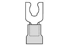 Kabelschoenklem afbeelding: Een platte connector met een U-vormige opening en geïsoleerd uiteinde voor een veilige aansluiting van elektrische geleiders.