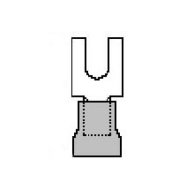 Een schematische afbeelding van een vorkkabelschoen die wordt gebruikt in elektrische toepassingen. Bovenaan een U-vormige opening, onderaan een bevestigingsvlak.