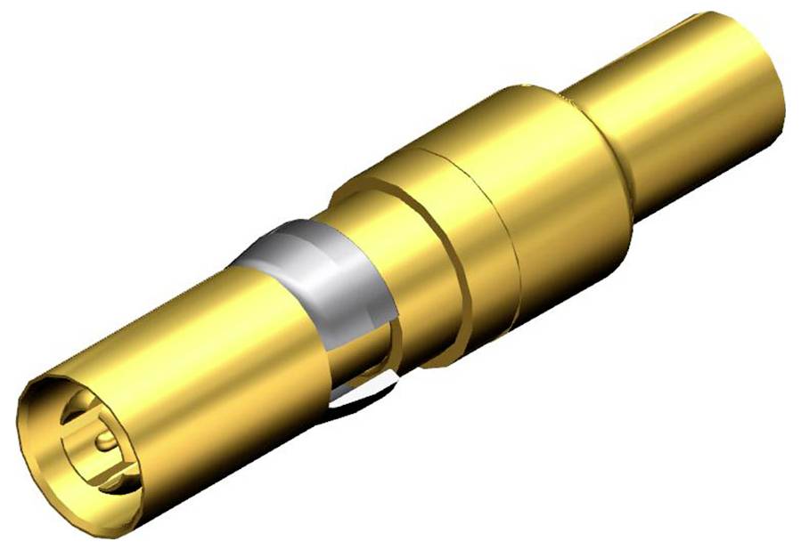 Een gouden coaxiale connector, cilindrisch gevormd met een centrale geleidingspen, wordt geïsoleerd omgeven door een huls.