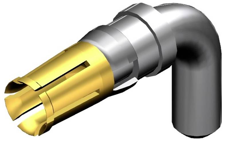 Een gedetailleerd 3D-model van een industrieel buisverbindingsstuk van metaal, met een geel, getand eindstuk.
