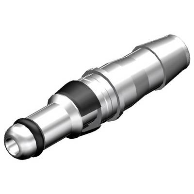Een zilveren, metallisch onderdeel in cilindrische vorm met zwarte ringen, waarschijnlijk een technische verbindingscomponent.